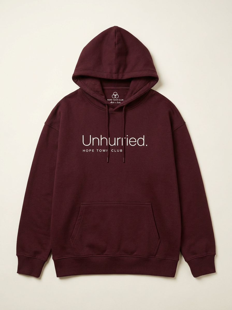 Unhurried Maroon - Product flat lay with drawstrings and neck label